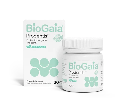 BioGaia Prodentis, askja og glas með 30 munnsogstöflum